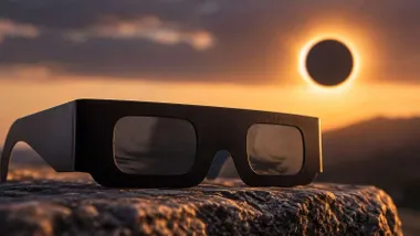Gafas para ver el eclipse de sol. El sol aparece oscurecido por la luna.