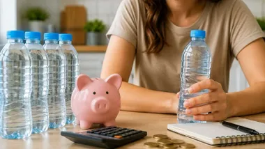 Mujer con una hucha y botellas de agua mineral.