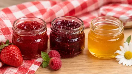 Tres tarros de mermelada de diferentes sabores.