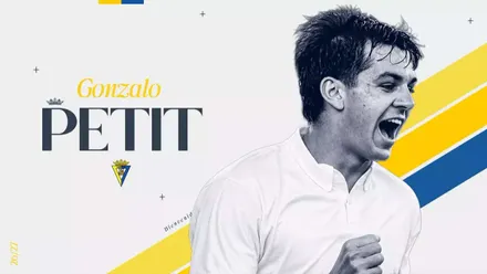 Imagen de Gonzalo Petit sobre fondo blanco y destacando el azul y amarillo del Cádiz CF.