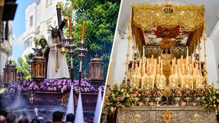Montaje con el Nazareno del Amor en procesión, a la izquierda, y la Virgen de la Merced bajo su paso de palio, a la derecha.