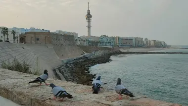 Vista panorámica del litoral de Cádiz con el mar en primer plano y el Pirulí sobresaliendo sobre los edificios del frente marítimo. La torre de telecomunicaciones forma parte del inmueble de Telefónica que se proyecta transformar en un hotel de cuatro estrellas.