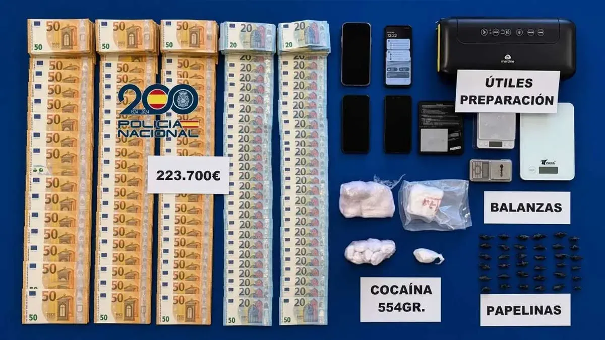 Mesa, con fondo azul, y el material incautado por la Policía Nacional.