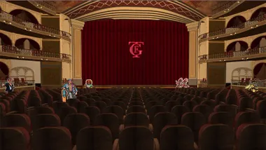 Recreación virtual del interior del Gran Teatro Falla vista desde el patio de butacas, con el escenario y el telón rojo al fondo, los palcos a ambos lados y varios personajes del Carnaval distribuidos por la sala.