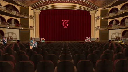Recreación virtual del interior del Gran Teatro Falla vista desde el patio de butacas, con el escenario y el telón rojo al fondo, los palcos a ambos lados y varios personajes del Carnaval distribuidos por la sala.