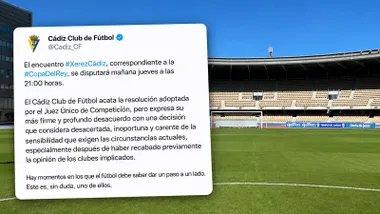 Fotomontaje con el estadio municipal de Chapín de fondo y el comunicado del Cádiz CF superpuesto. El club anuncia que el Xerez-Cádiz se jugará el jueves a las 21:00 horas, pero expresa su profundo desacuerdo y afirma que hay momentos en los que el fútbol debe dar un paso a un lado.