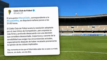 Fotomontaje con el estadio municipal de Chapín de fondo y el comunicado del Cádiz CF superpuesto. El club anuncia que el Xerez-Cádiz se jugará el jueves a las 21:00 horas, pero expresa su profundo desacuerdo y afirma que hay momentos en los que el fútbol debe dar un paso a un lado.