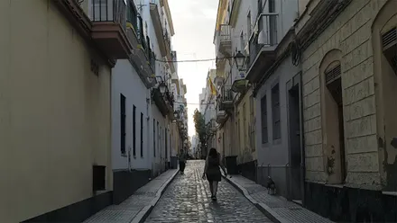 Una mujer camina con su perro por una de las calles del centro de Cádiz.