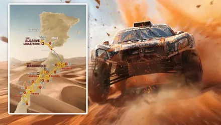 Coche compitiendo en el Dakar y mapa del 2027.