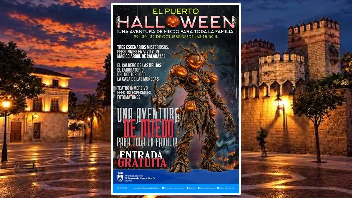 Plaza del Castillo de El Puerto y el cartel de la experiencia de Halloween.