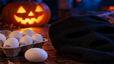 Bol con huevos y pasamontañas negro junto a una calabaza de Halloween.