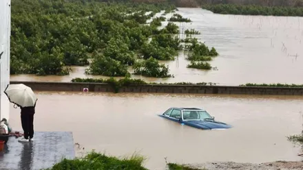 Coche casi cubierto por el agua en las inundaciones de San Martín del Tesorillo.