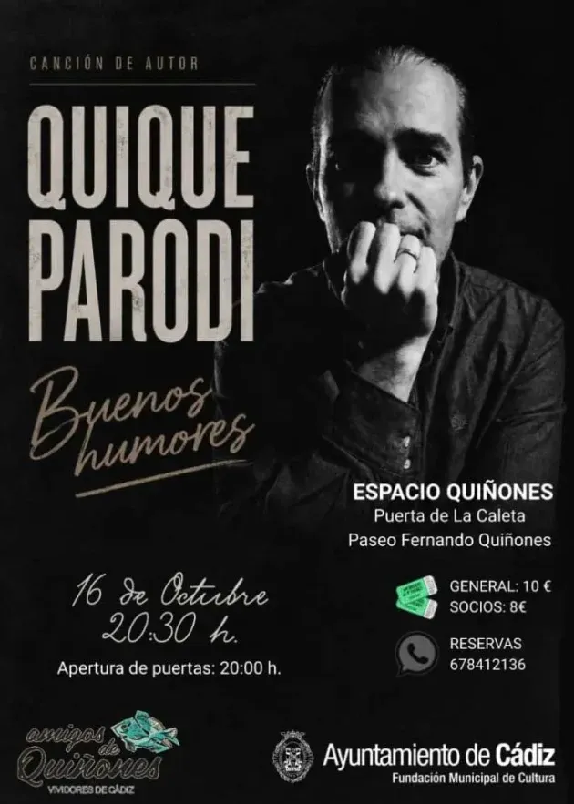 Cartel en blanco y negro del concierto de Quique Parodi en Cádiz.