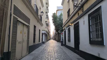 Calle del centro de Cádiz con el cielo aún despejado y luces todavía encendidas en las primeras horas de este viernes 2 de octubre. Foto: José Luis Porquicho Prada.