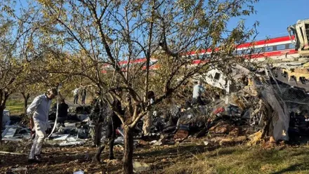 Vagones de trenes accidentados y caídos por un terraplén.
