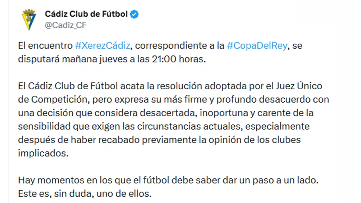 El Xerez CD-Cádiz CF se jugará este jueves 29 pese al rechazo del Cádiz CF, que considera que no es momento para el fútbol